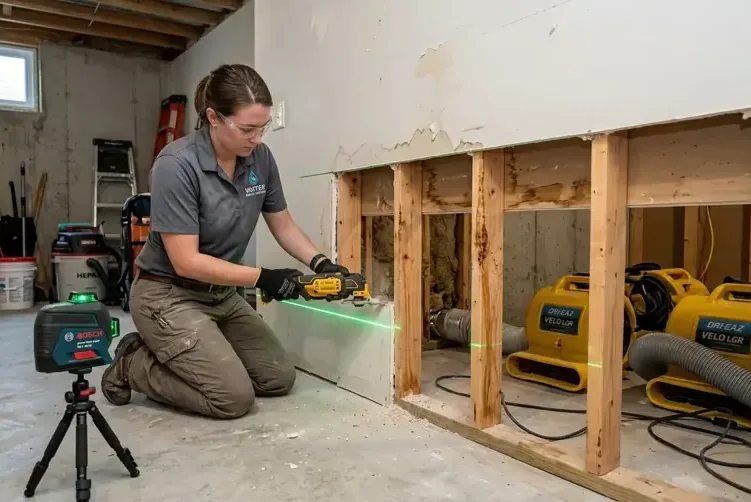 A laser level marking the height of a flood cut on a wall beside running air movers