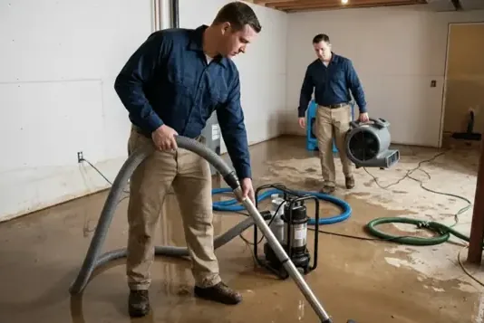 Technicians using a wand to extract standing water from the floor of a finished lower room
