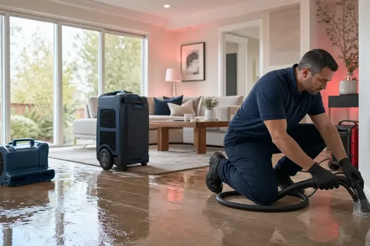 A restoration technician running an extraction wand beside an air mover and a dehumidifier in a living room