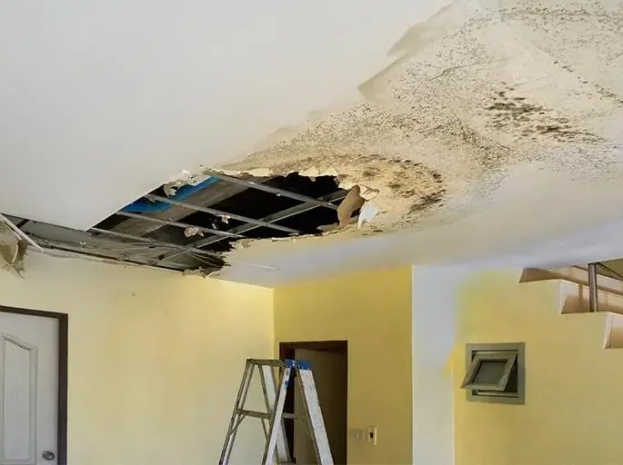 A collapsed patch of water-stained ceiling with a stepladder underneath